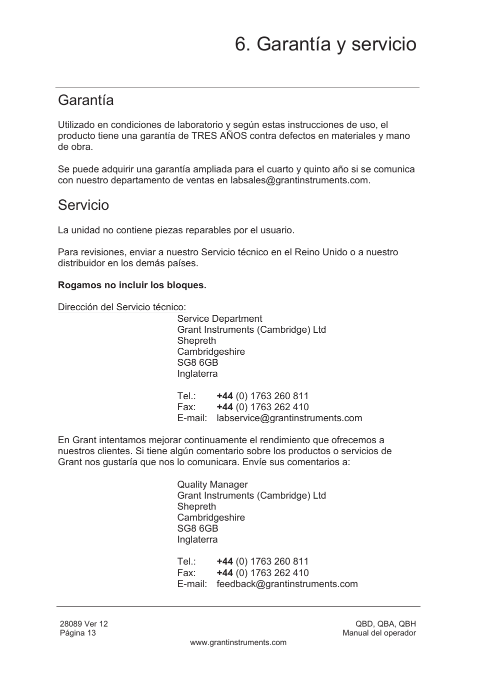 Garantía y servicio, Garantía, Servicio | Grant Instruments QBH User Manual | Page 78 / 84