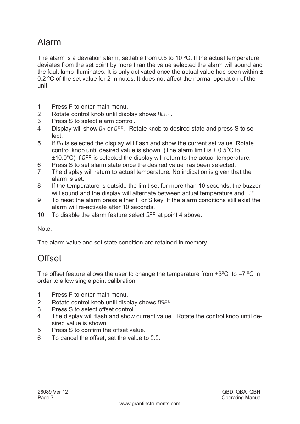 Alarm, Offset | Grant Instruments QBH User Manual | Page 8 / 84