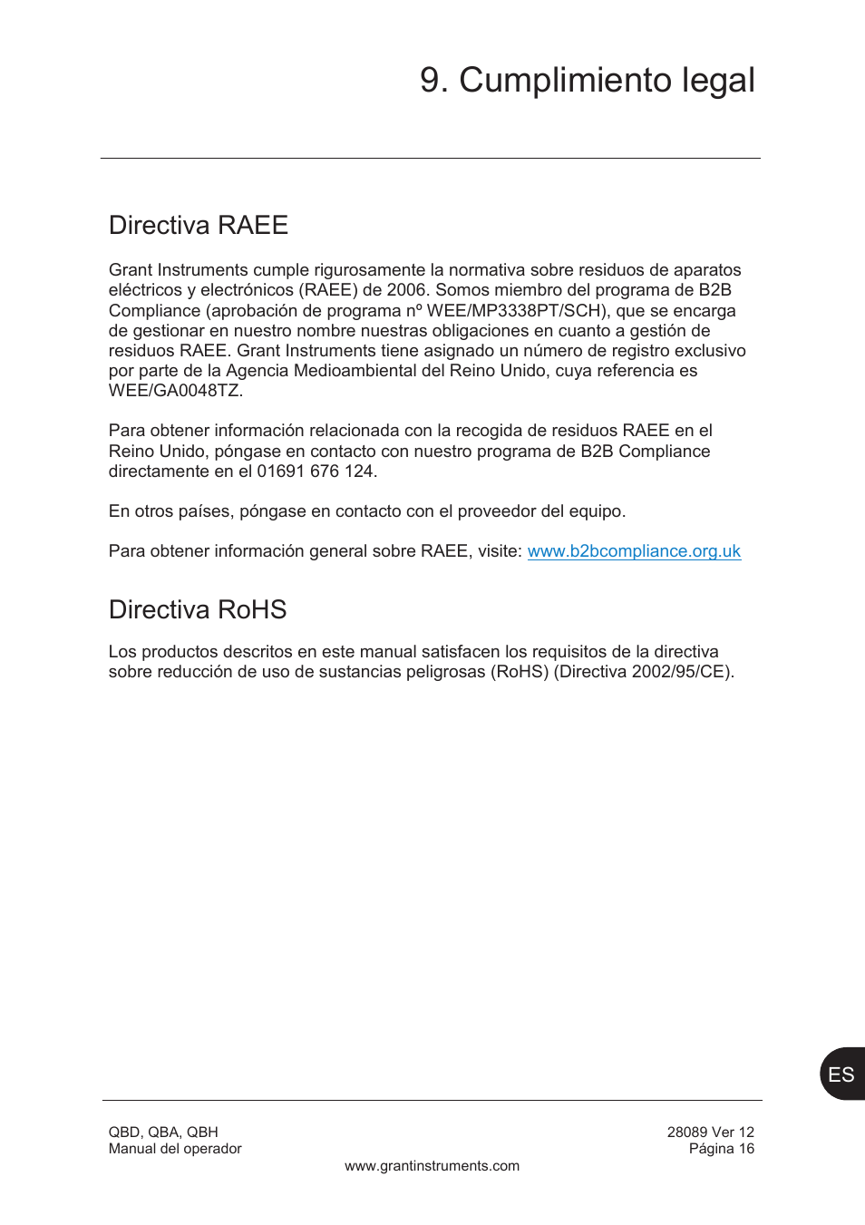 Cumplimiento legal, Directiva raee, Directiva rohs | Grant Instruments QBH User Manual | Page 81 / 84