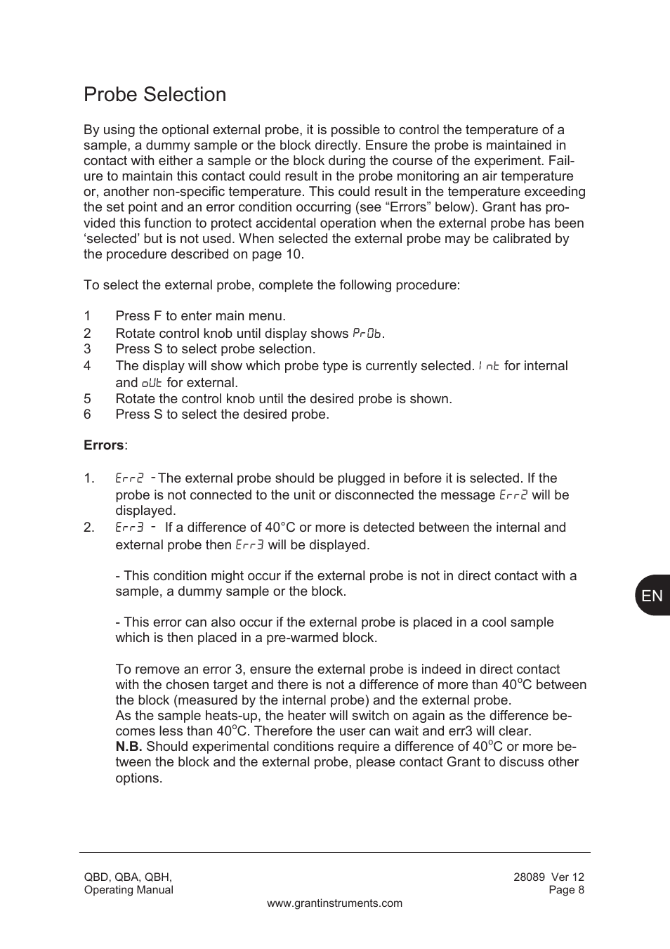 Probe selection | Grant Instruments QBH User Manual | Page 9 / 84