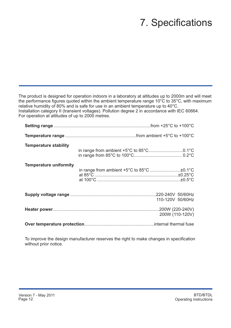 Specifications | Grant Instruments BTDL User Manual | Page 12 / 16