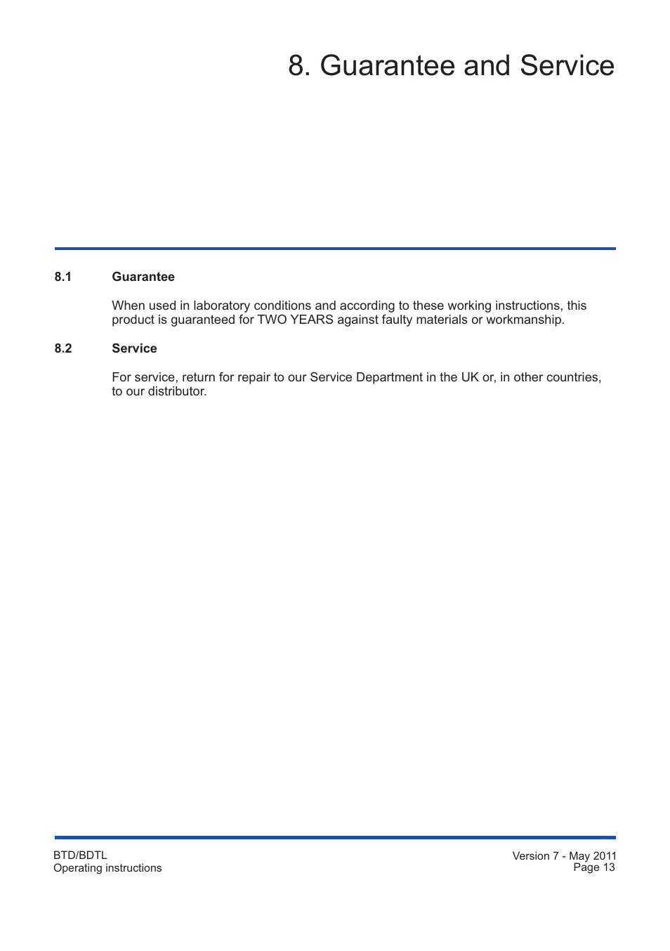 Guarantee and service | Grant Instruments BTDL User Manual | Page 13 / 16