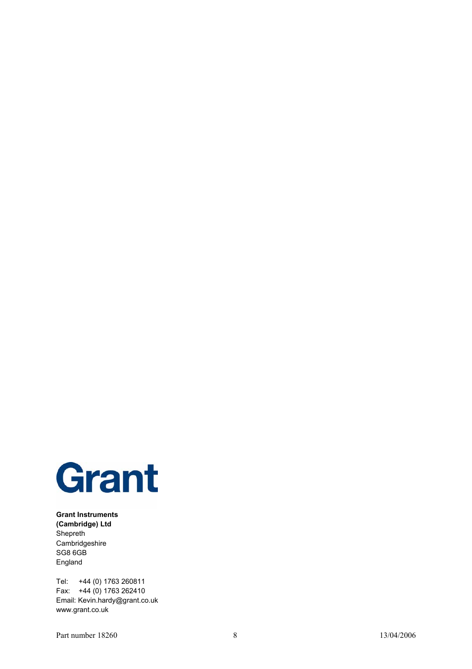 Grant Instruments Transportable Incubator User Manual | Page 8 / 8