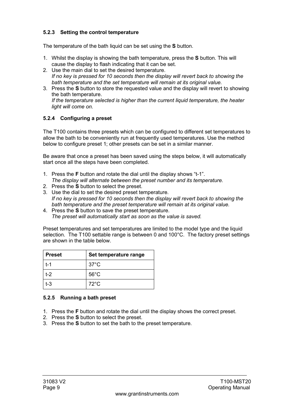 Setting the control temperature, Configuring a preset, Running a bath preset | Grant Instruments T100-MST20 User Manual | Page 10 / 20