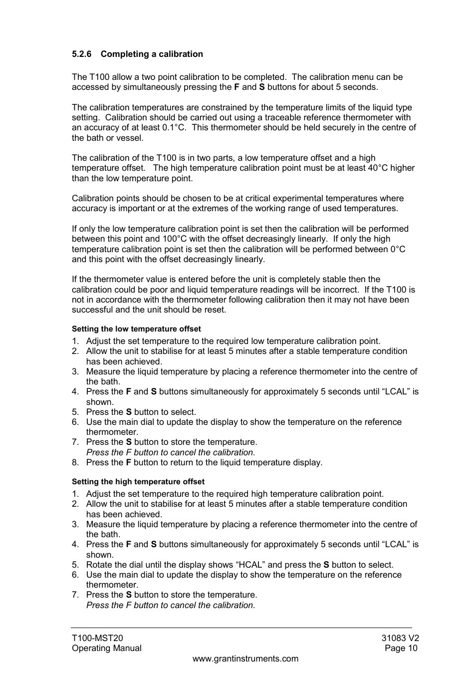 Completing a calibration | Grant Instruments T100-MST20 User Manual | Page 11 / 20