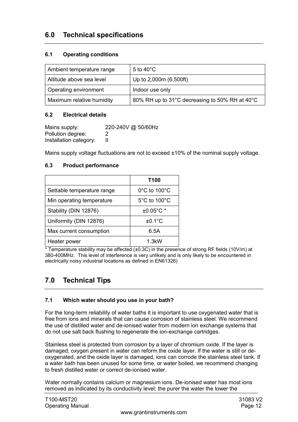 0 technical specifications, Operating conditions, Electrical details | Product performance, 0 technical tips, 1 which water should you use in your bath | Grant Instruments T100-MST20 User Manual | Page 13 / 20