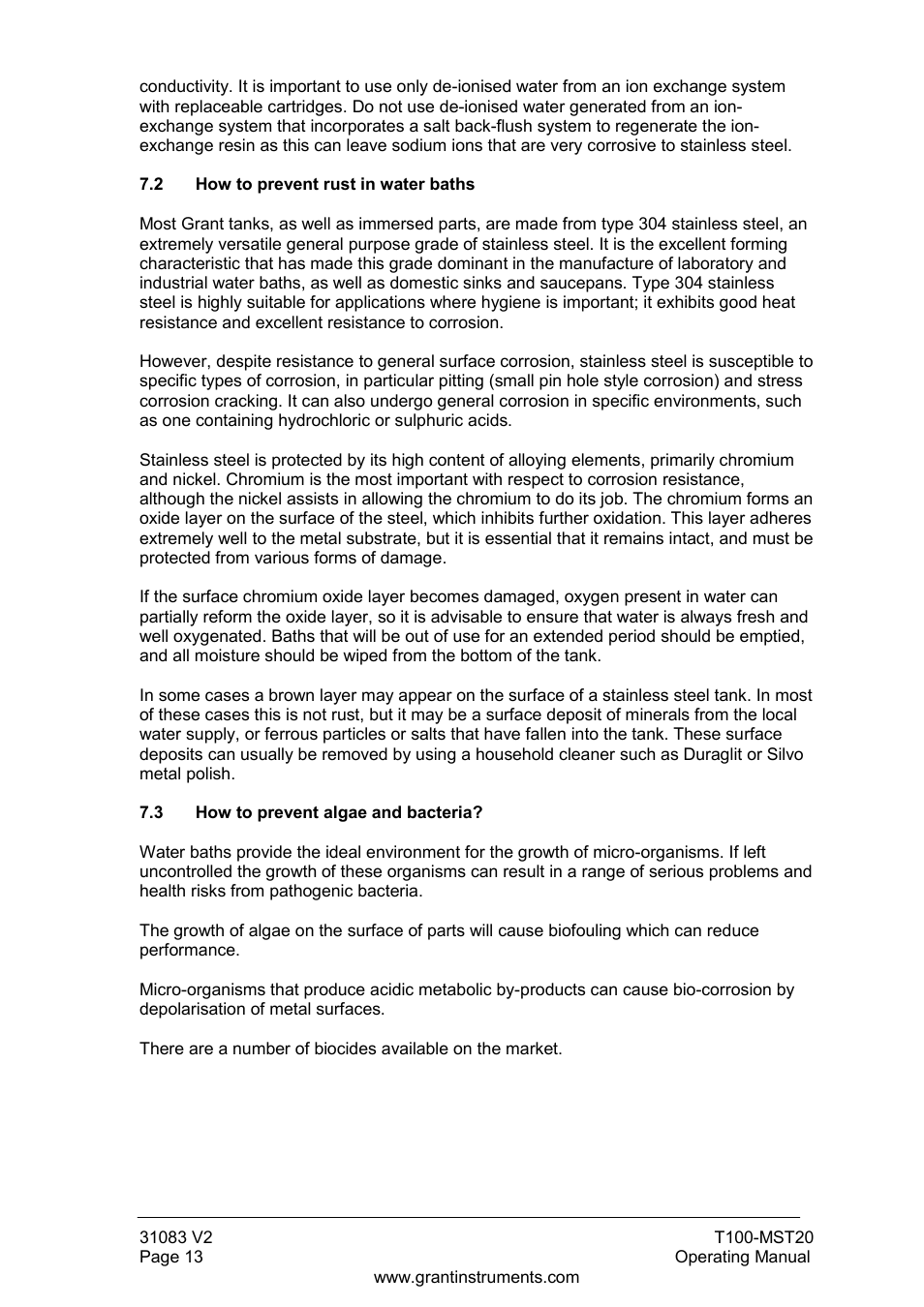 2 how to prevent rust in water baths, 3 how to prevent algae and bacteria | Grant Instruments T100-MST20 User Manual | Page 14 / 20