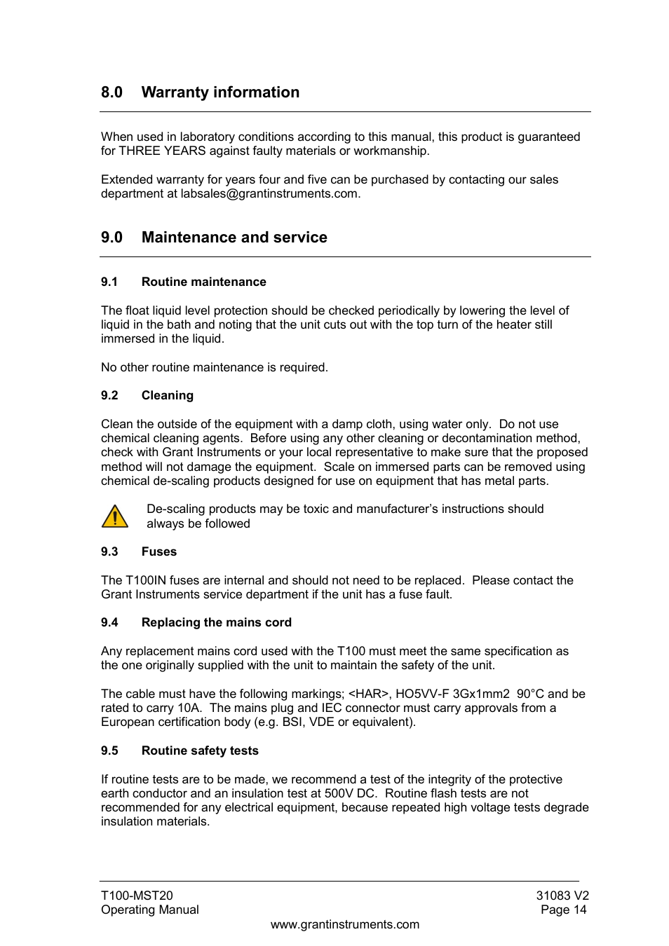 0 warranty information, 0 maintenance and service, Routine maintenance | Cleaning, Fuses, Routine safety tests | Grant Instruments T100-MST20 User Manual | Page 15 / 20