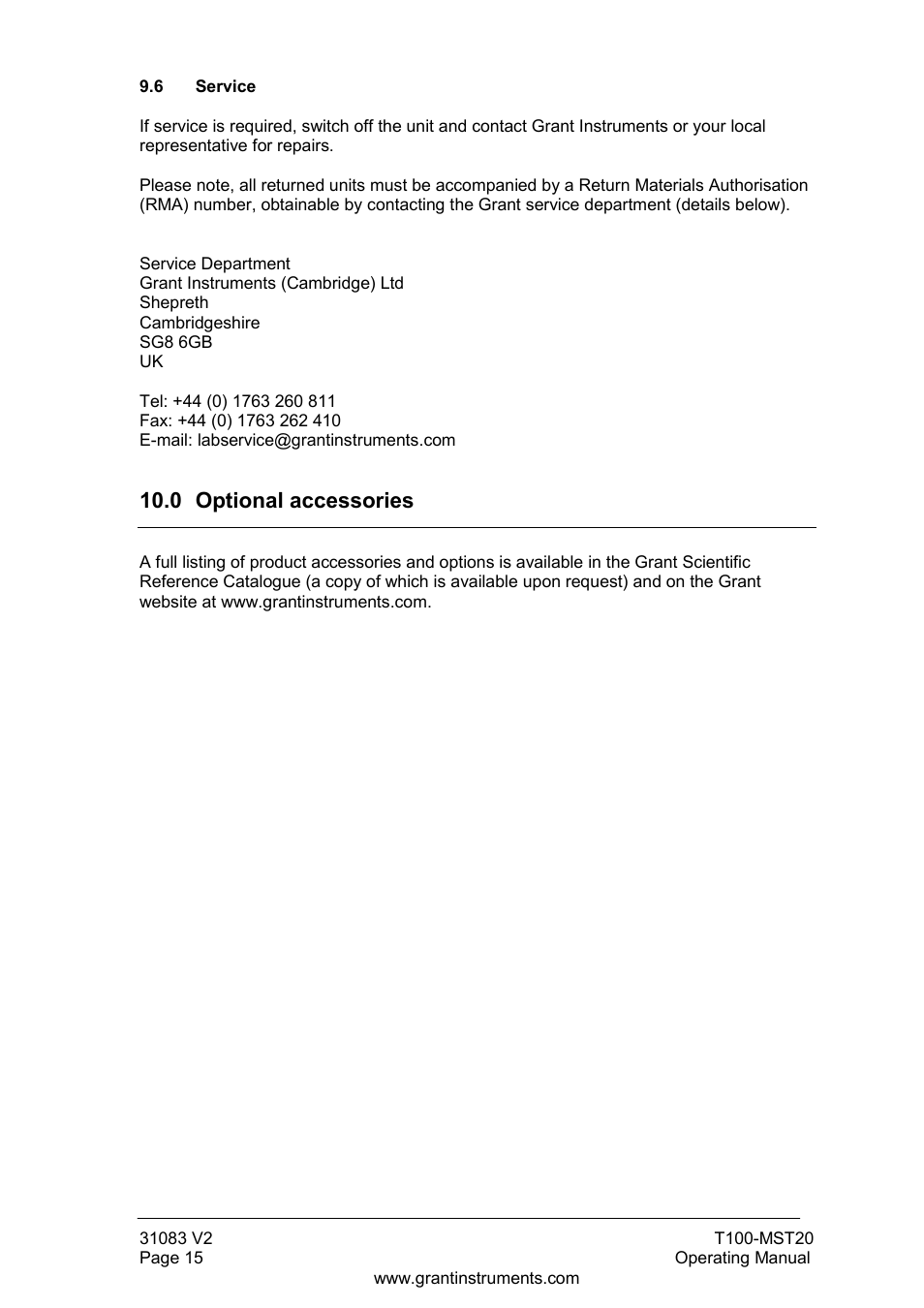 Service, 0 optional accessories | Grant Instruments T100-MST20 User Manual | Page 16 / 20