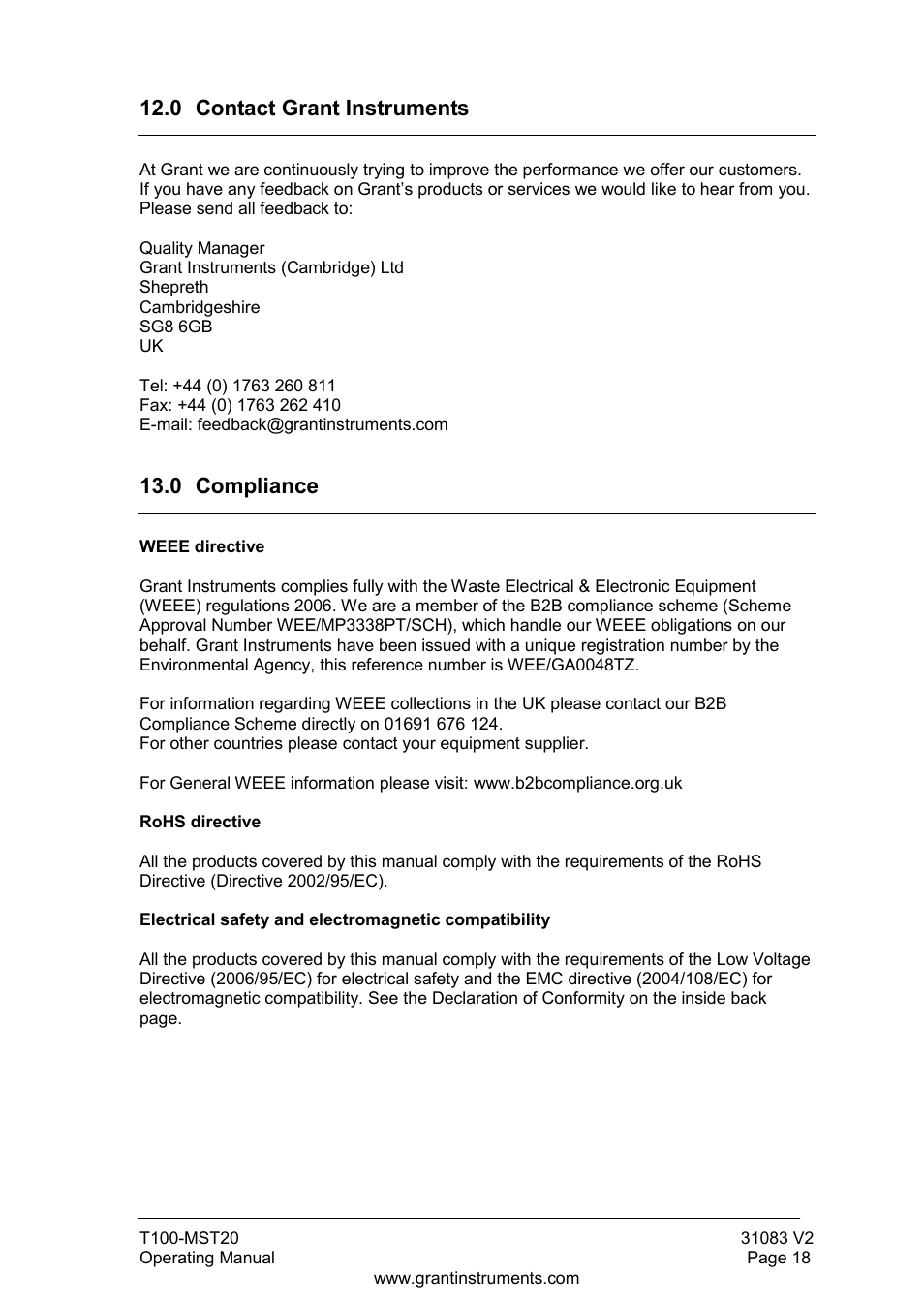 0 contact grant instruments, 0 compliance | Grant Instruments T100-MST20 User Manual | Page 19 / 20