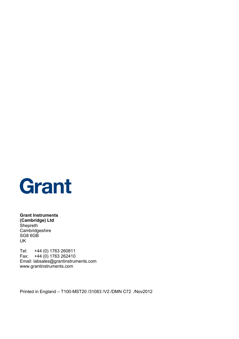 Grant Instruments T100-MST20 User Manual | Page 20 / 20