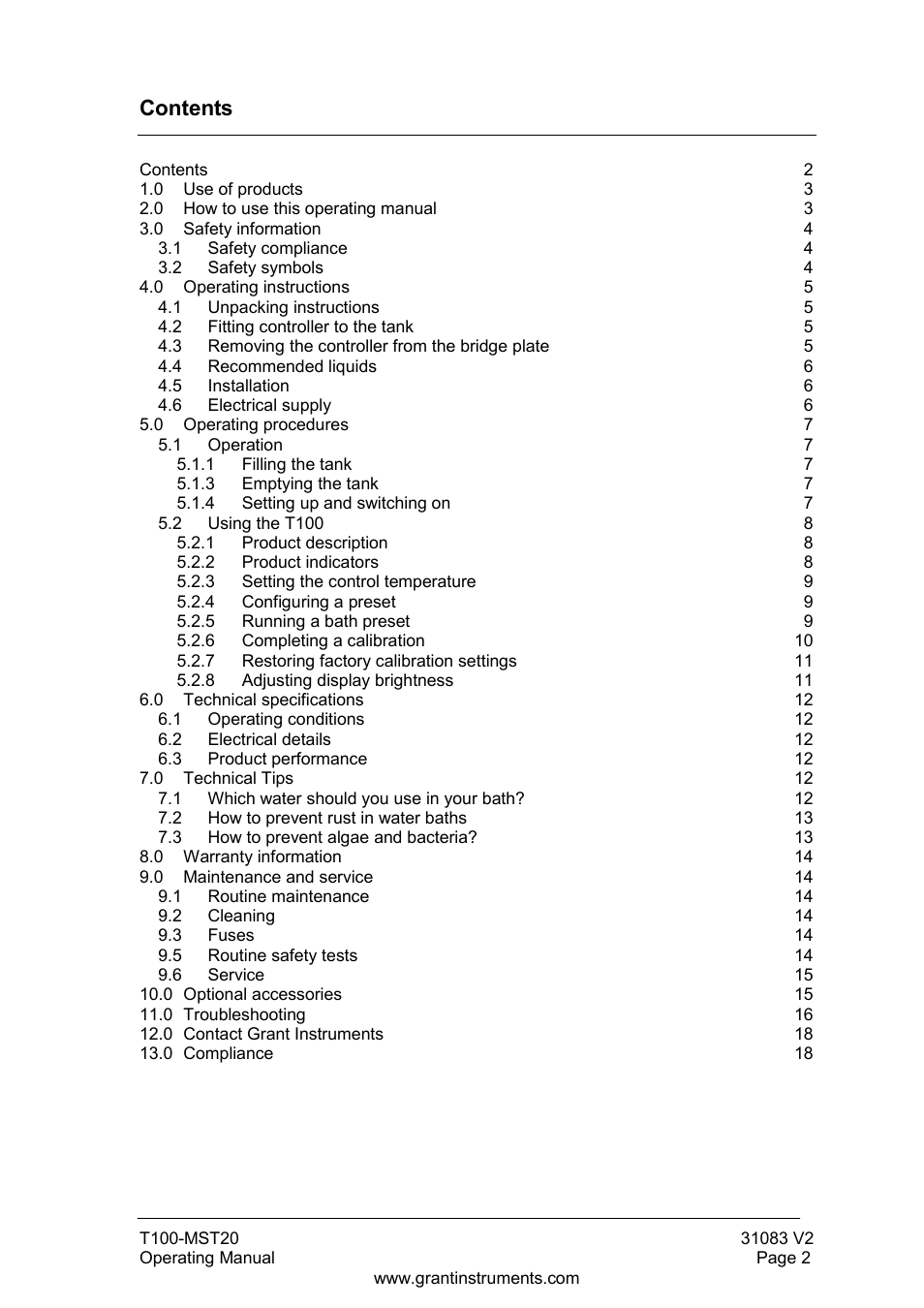 Grant Instruments T100-MST20 User Manual | Page 3 / 20