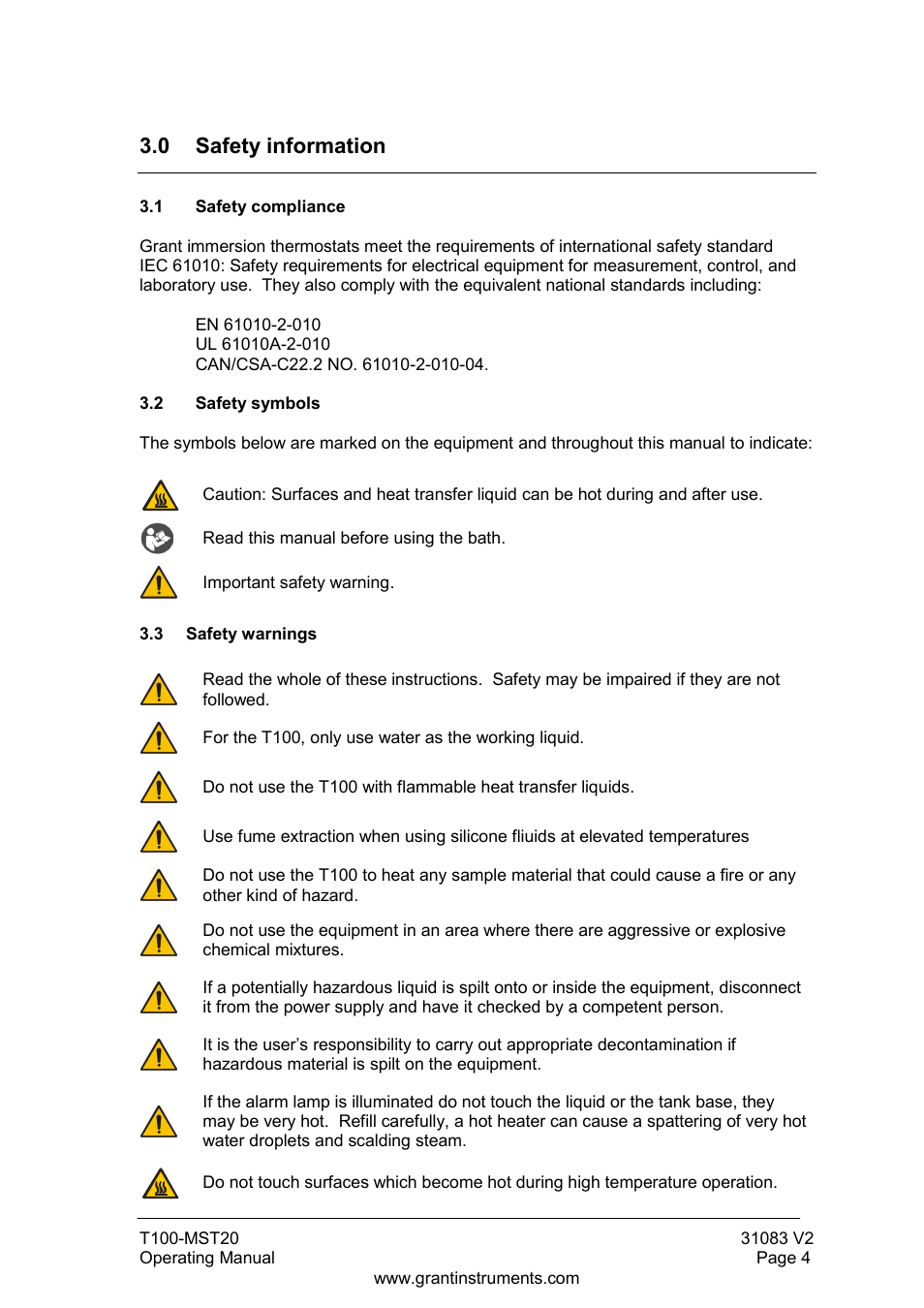 0 safety information, Safety compliance, Safety symbols | Grant Instruments T100-MST20 User Manual | Page 5 / 20