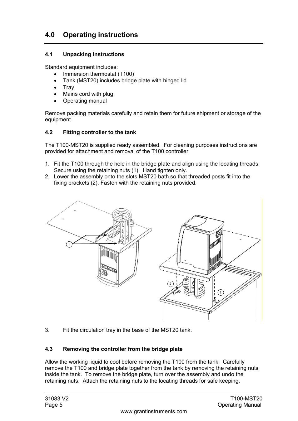 0 operating instructions, Unpacking instructions, Fitting controller to the tank | Removing the controller from the bridge plate | Grant Instruments T100-MST20 User Manual | Page 6 / 20