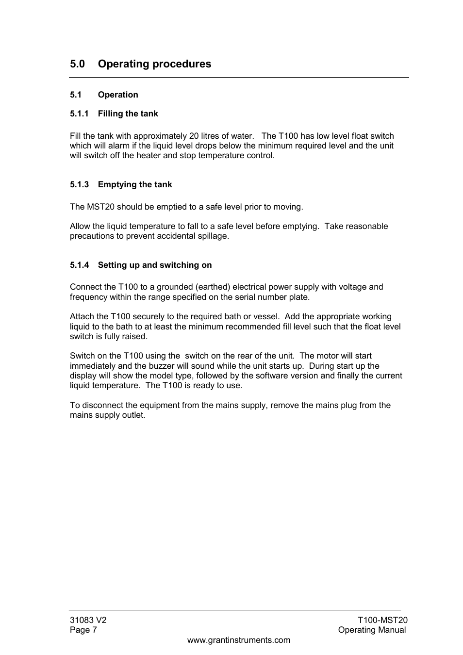 0 operating procedures, 1 operation, 1 filling the tank | Emptying the tank, Setting up and switching on | Grant Instruments T100-MST20 User Manual | Page 8 / 20