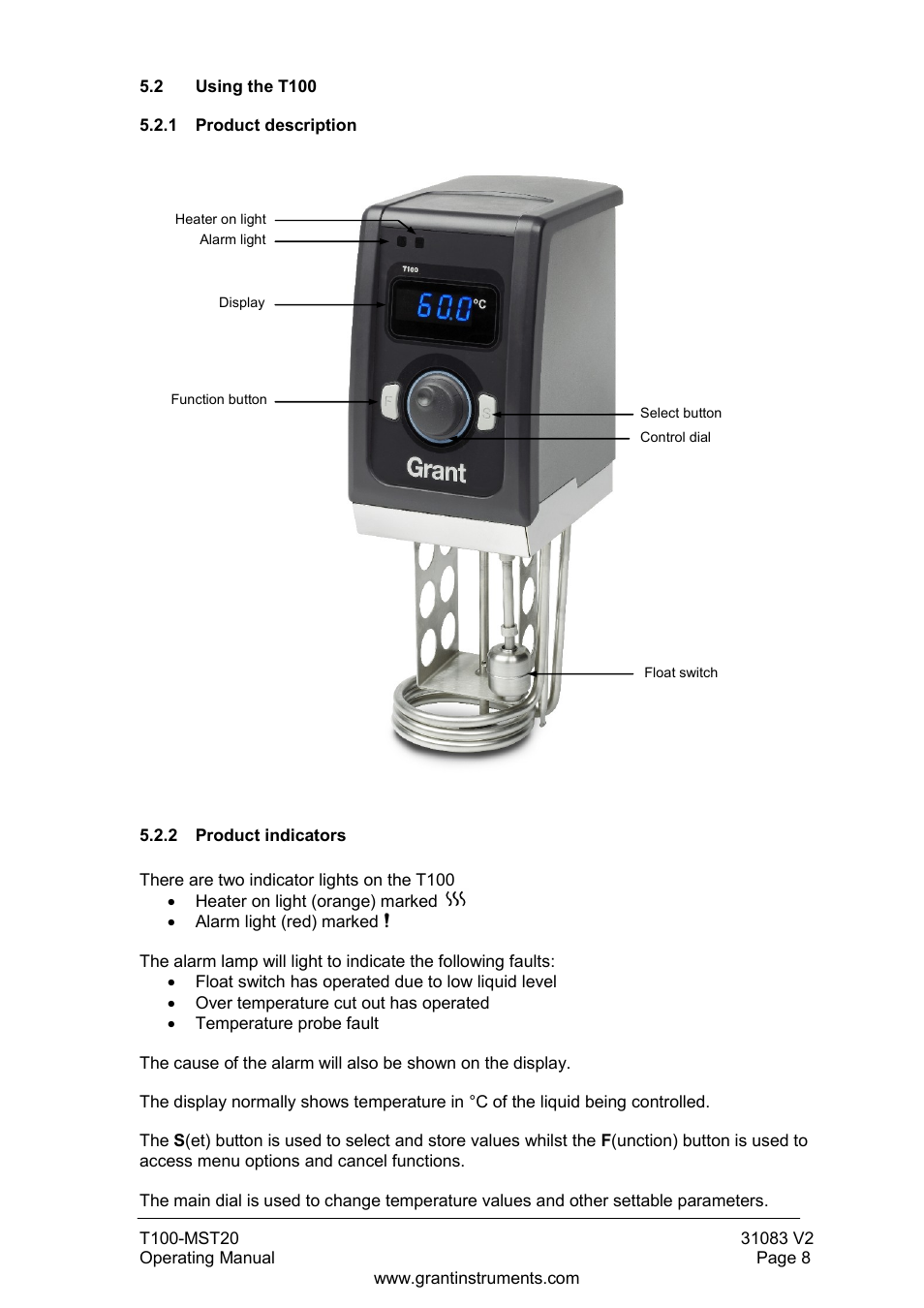 Using the t100, Product description, Product indicators | Grant Instruments T100-MST20 User Manual | Page 9 / 20