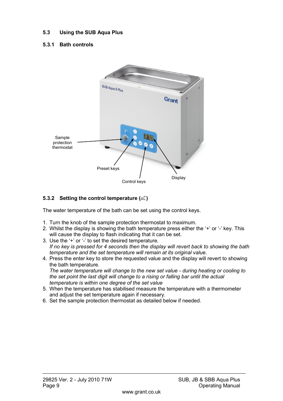 Using the sub aqua plus, Bath controls, Setting the control temperature | Grant Instruments SBB Aqua Plus User Manual | Page 10 / 104