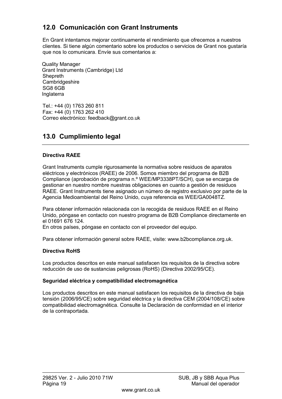 0 comunicación con grant instruments, 0 cumplimiento legal | Grant Instruments SBB Aqua Plus User Manual | Page 100 / 104