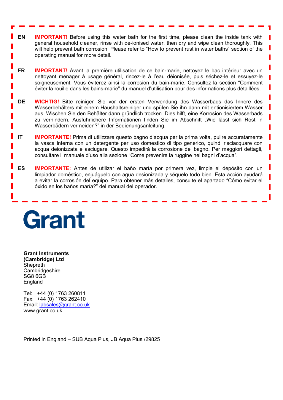 Grant Instruments SBB Aqua Plus User Manual | Page 104 / 104