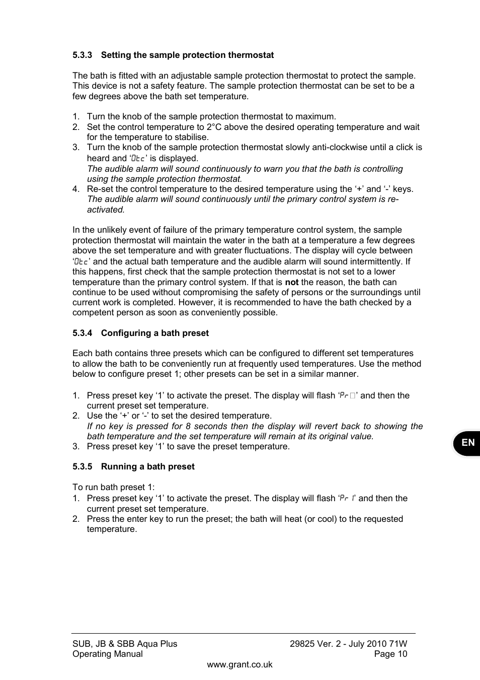 Setting the sample protection thermostat, Configuring a bath preset, Running a bath preset | Grant Instruments SBB Aqua Plus User Manual | Page 11 / 104