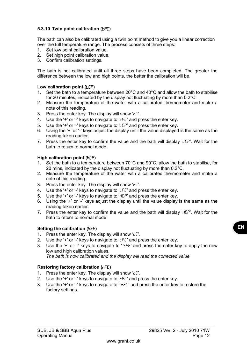 10 twin point calibration | Grant Instruments SBB Aqua Plus User Manual | Page 13 / 104