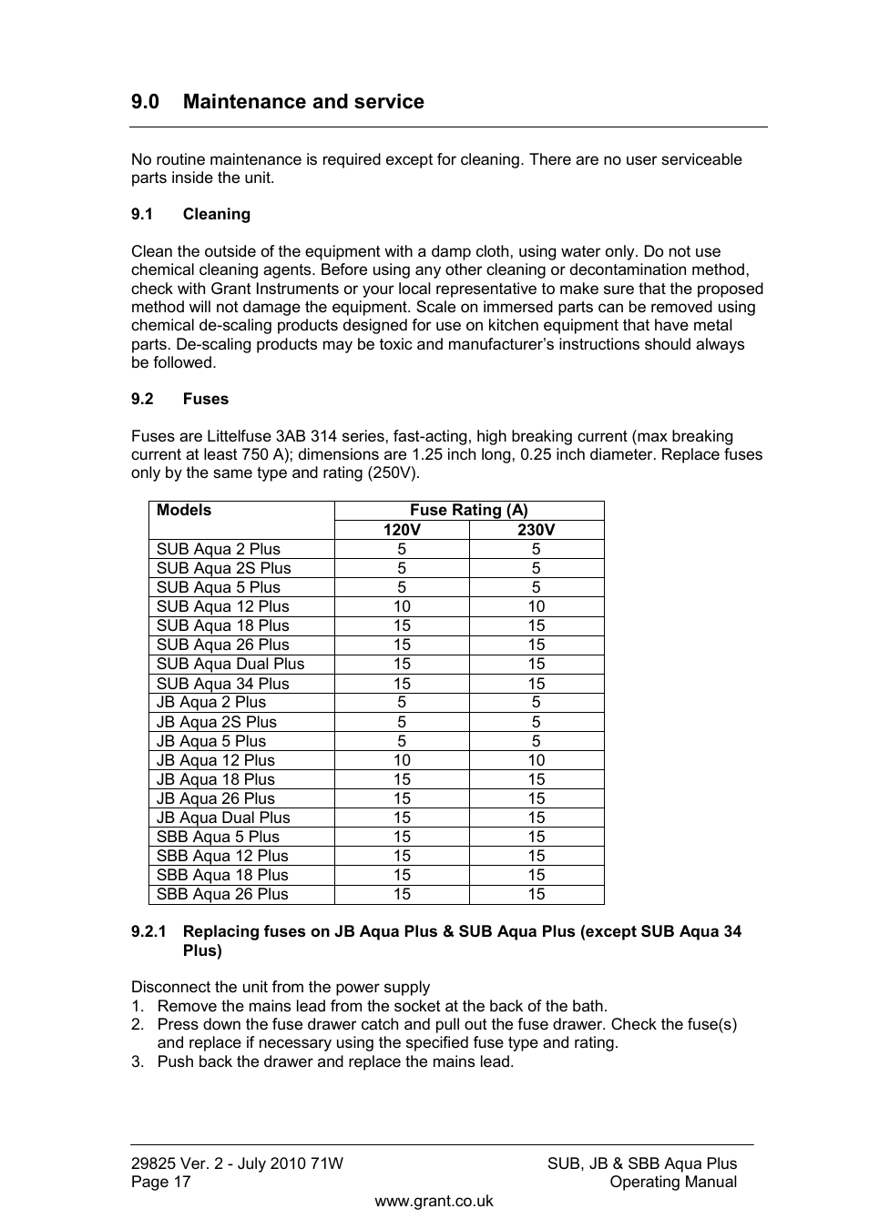 0 maintenance and service, Cleaning, Fuses | Plus) | Grant Instruments SBB Aqua Plus User Manual | Page 18 / 104