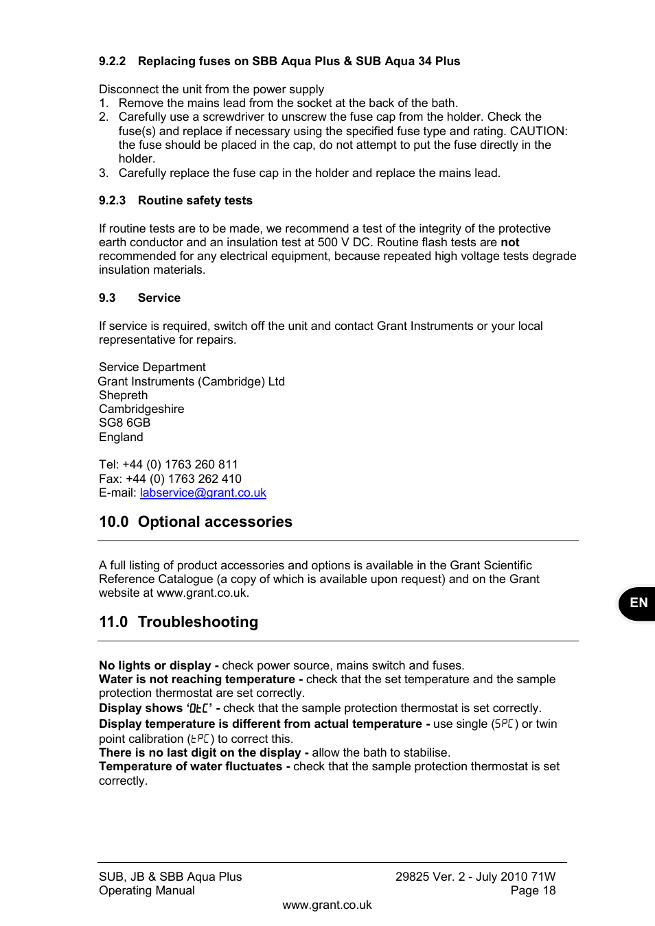 Routine safety tests, Service, 0 optional accessories | 0 troubleshooting | Grant Instruments SBB Aqua Plus User Manual | Page 19 / 104