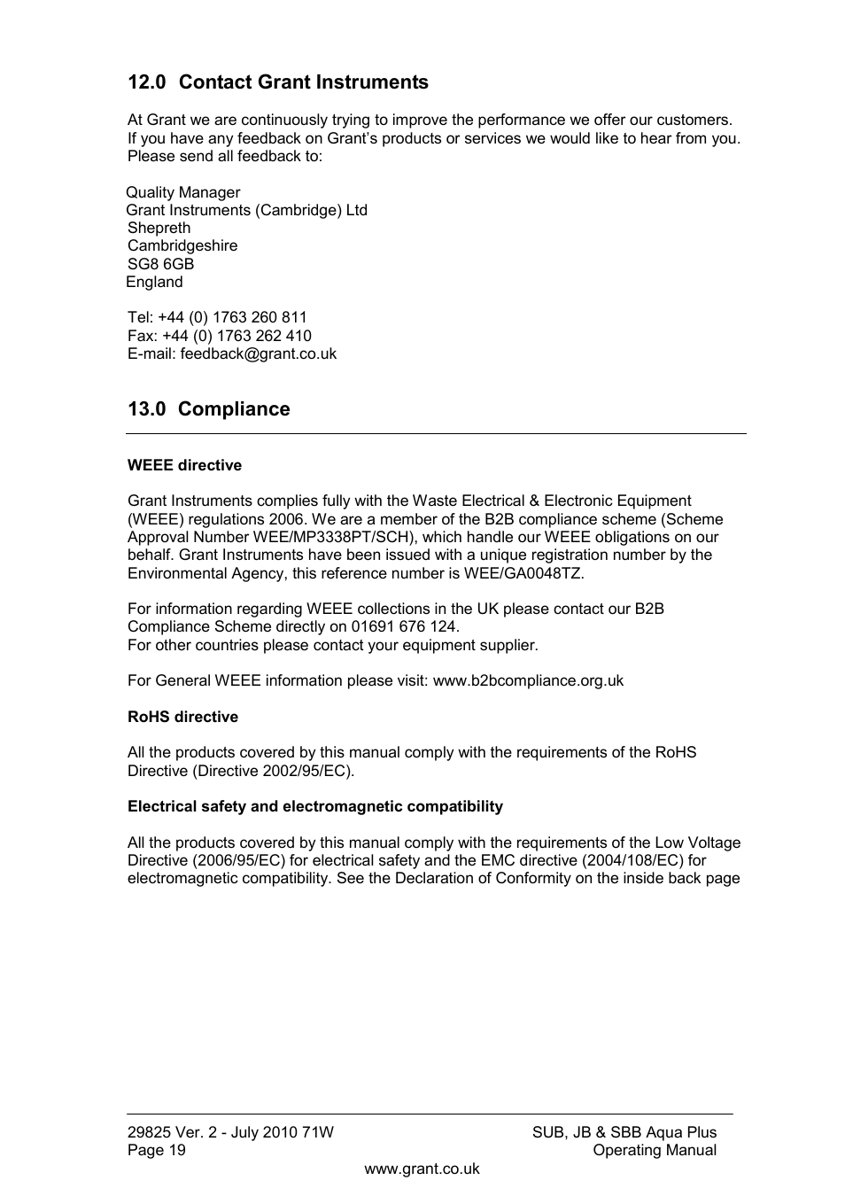 0 contact grant instruments, 0 compliance | Grant Instruments SBB Aqua Plus User Manual | Page 20 / 104