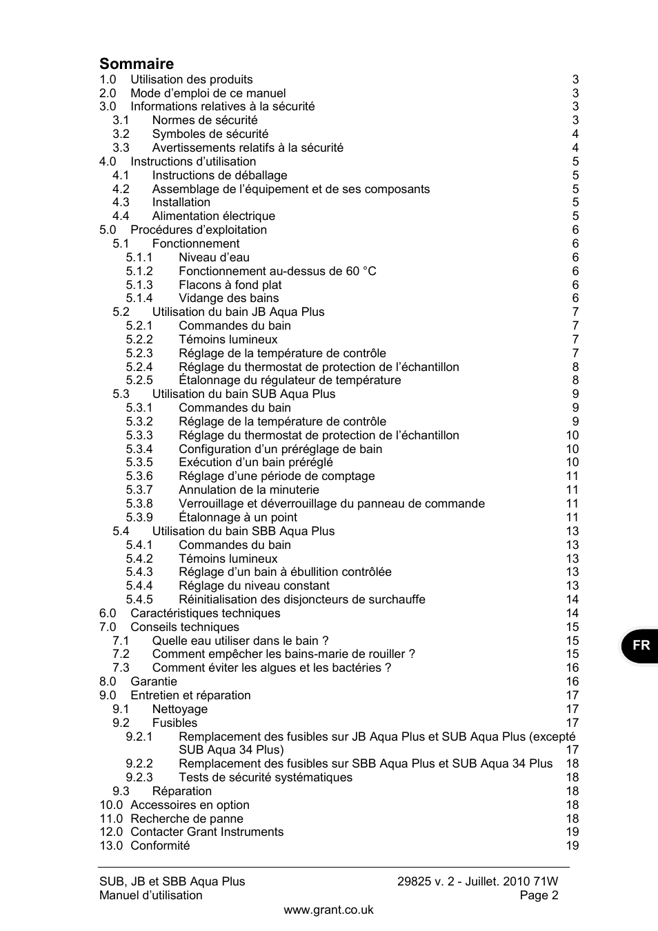 Sommaire | Grant Instruments SBB Aqua Plus User Manual | Page 23 / 104