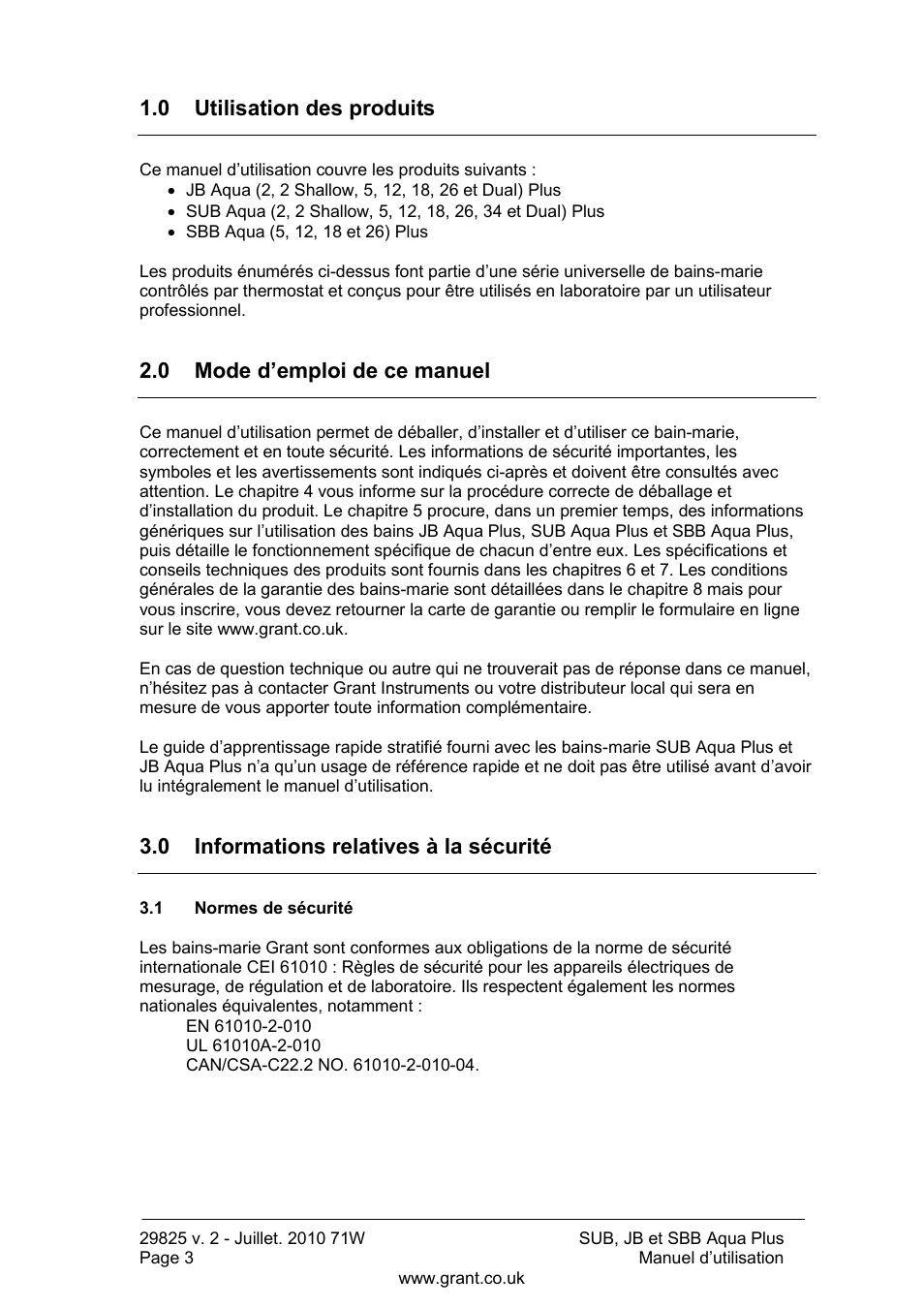 0 utilisation des produits, 0 mode d‟emploi de ce manuel, 0 informations relatives à la sécurité | Normes de sécurité | Grant Instruments SBB Aqua Plus User Manual | Page 24 / 104