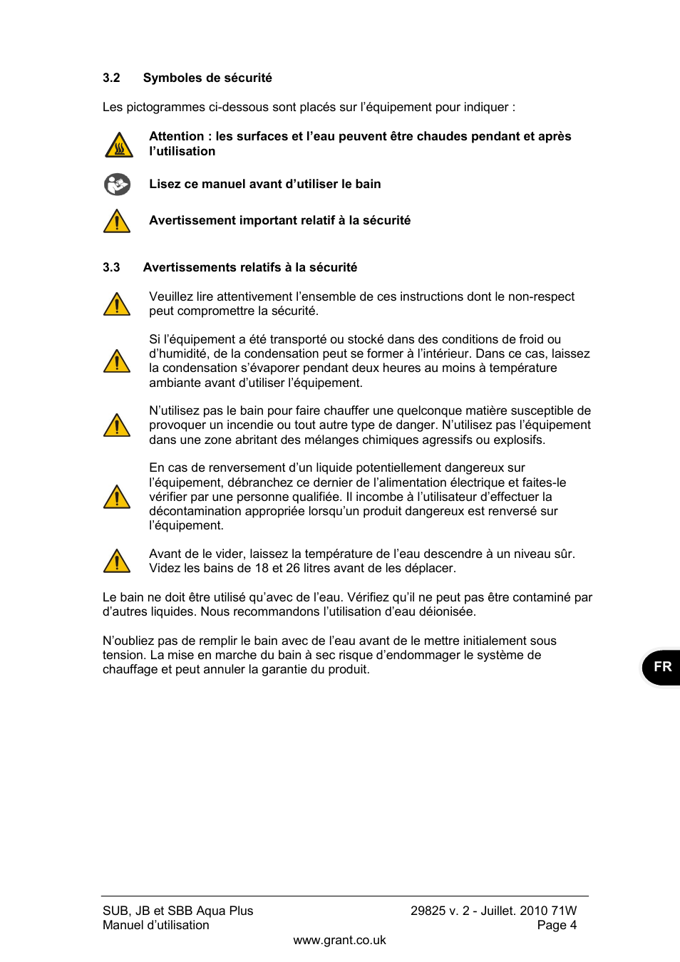 Symboles de sécurité, Avertissements relatifs à la sécurité | Grant Instruments SBB Aqua Plus User Manual | Page 25 / 104