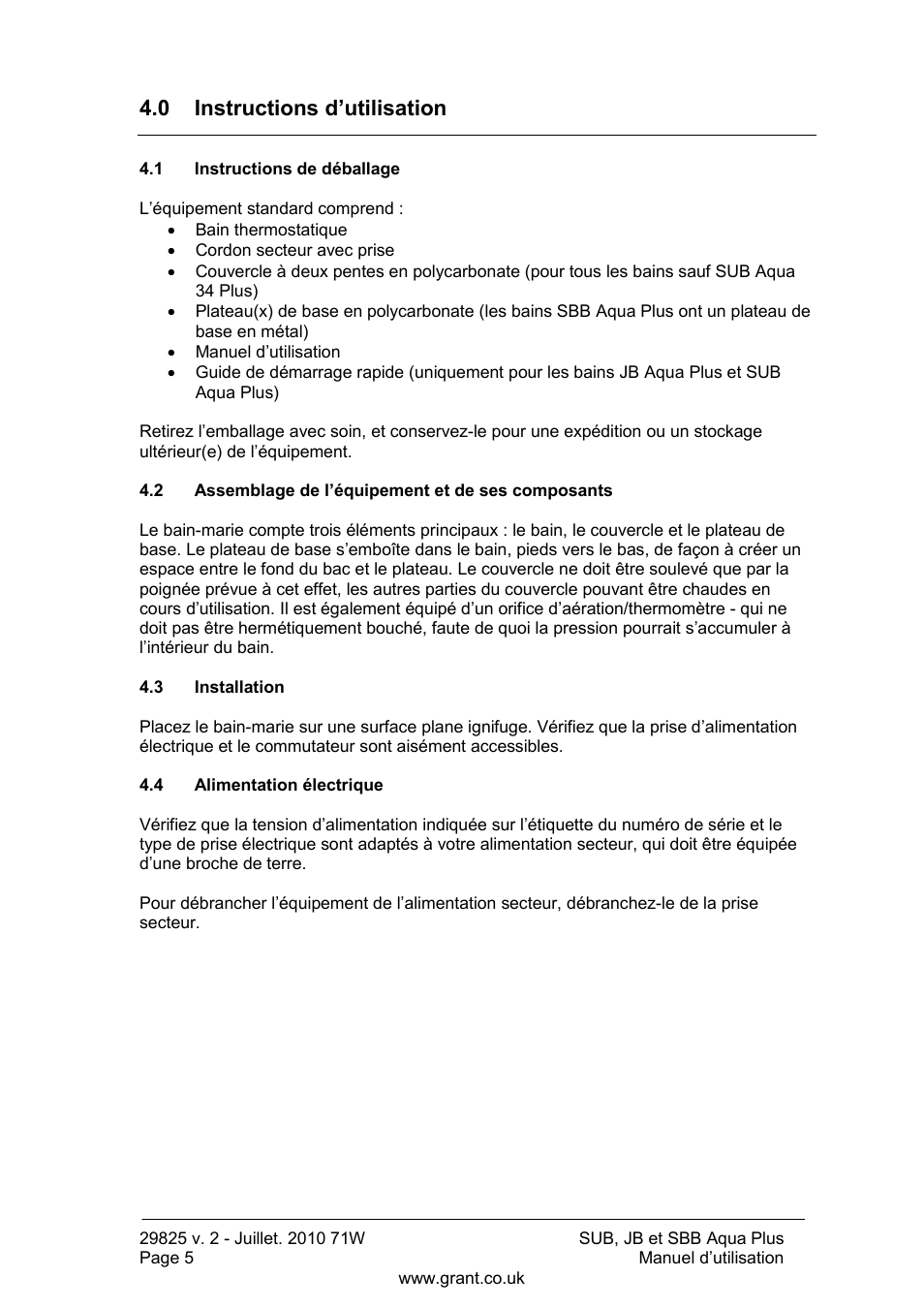 0 instructions d‟utilisation, Instructions de déballage, Assemblage de l‟équipement et de ses composants | Installation, Alimentation électrique | Grant Instruments SBB Aqua Plus User Manual | Page 26 / 104