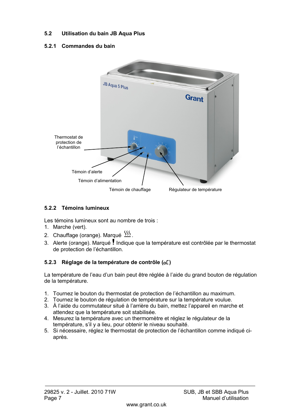 Utilisation du bain jb aqua plus, Commandes du bain, Témoins lumineux | Réglage de la température de contrôle | Grant Instruments SBB Aqua Plus User Manual | Page 28 / 104