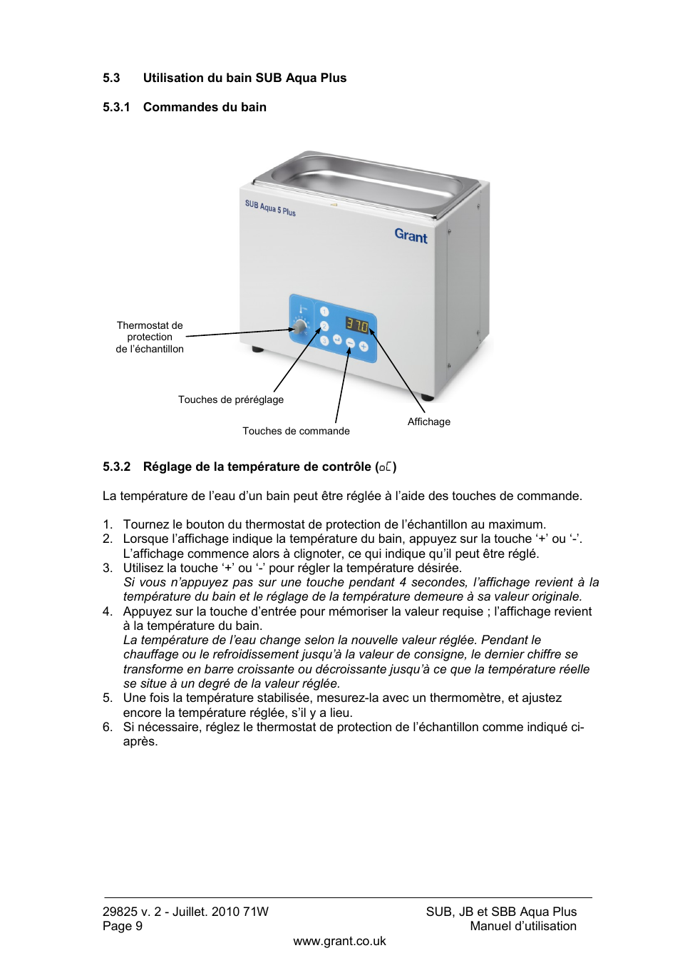 Utilisation du bain sub aqua plus, Commandes du bain, Réglage de la température de contrôle | Grant Instruments SBB Aqua Plus User Manual | Page 30 / 104