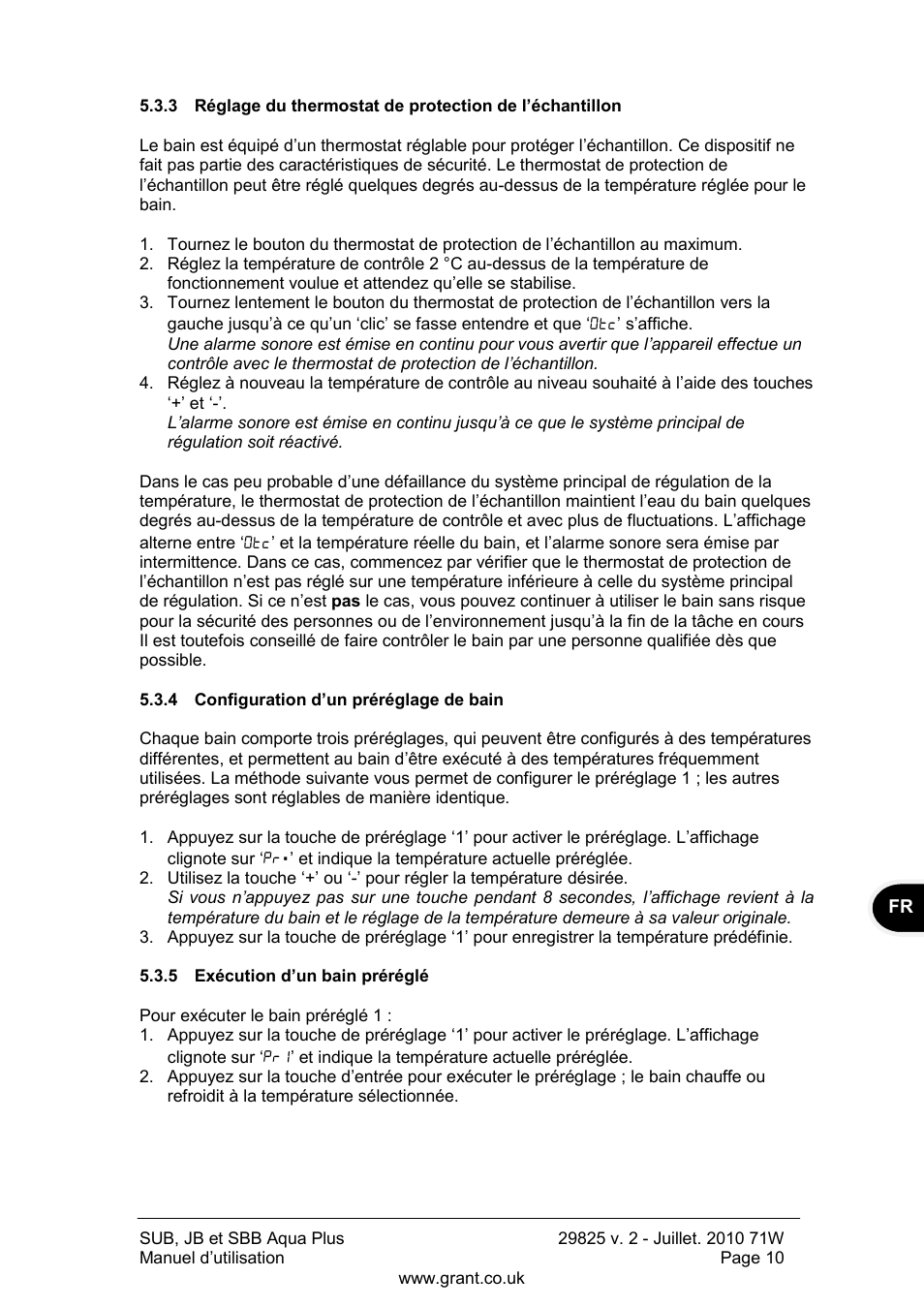 Configuration d‟un préréglage de bain, Exécution d‟un bain préréglé | Grant Instruments SBB Aqua Plus User Manual | Page 31 / 104