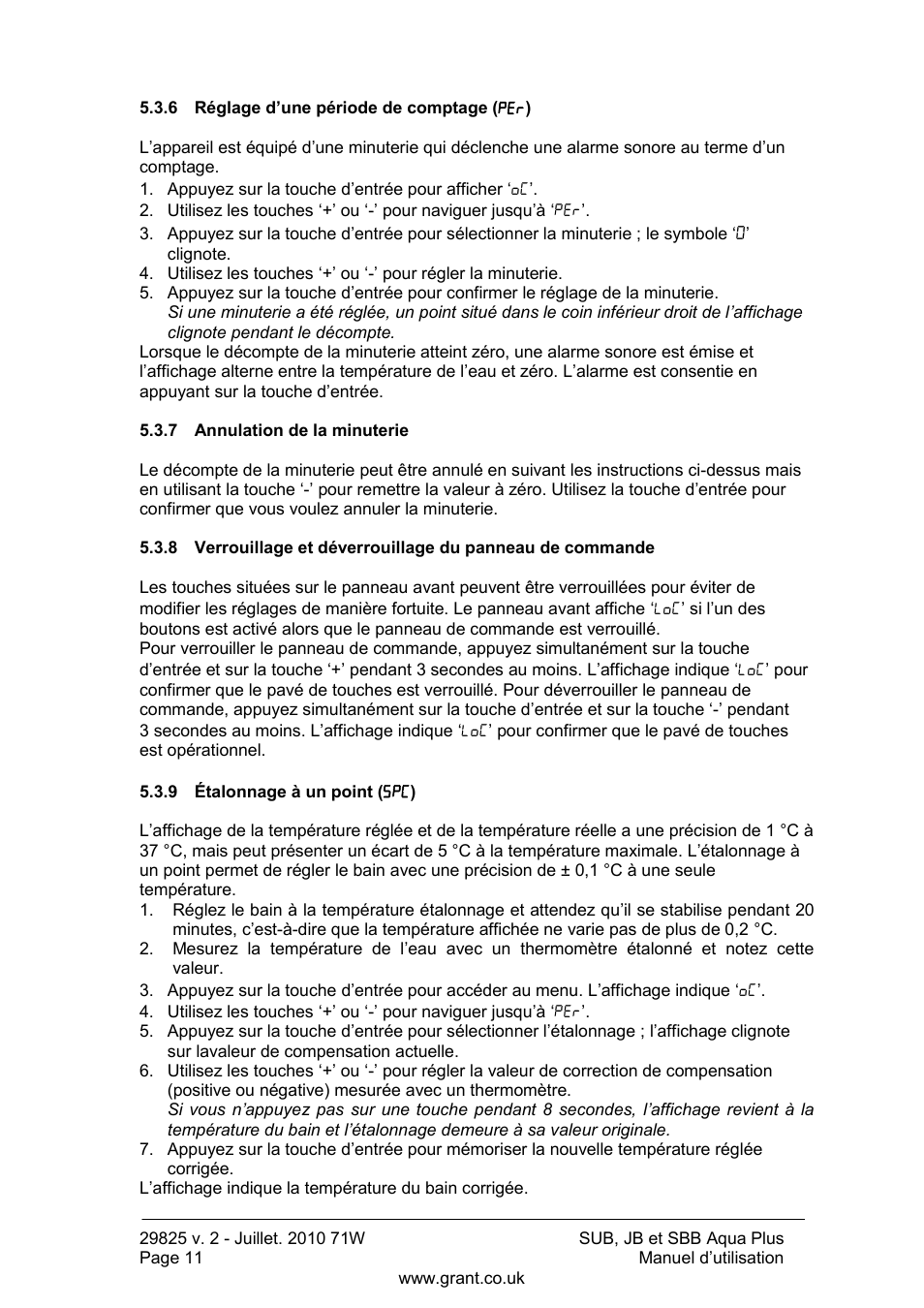 Réglage d‟une période de comptage, Annulation de la minuterie, Étalonnage à un point | Grant Instruments SBB Aqua Plus User Manual | Page 32 / 104