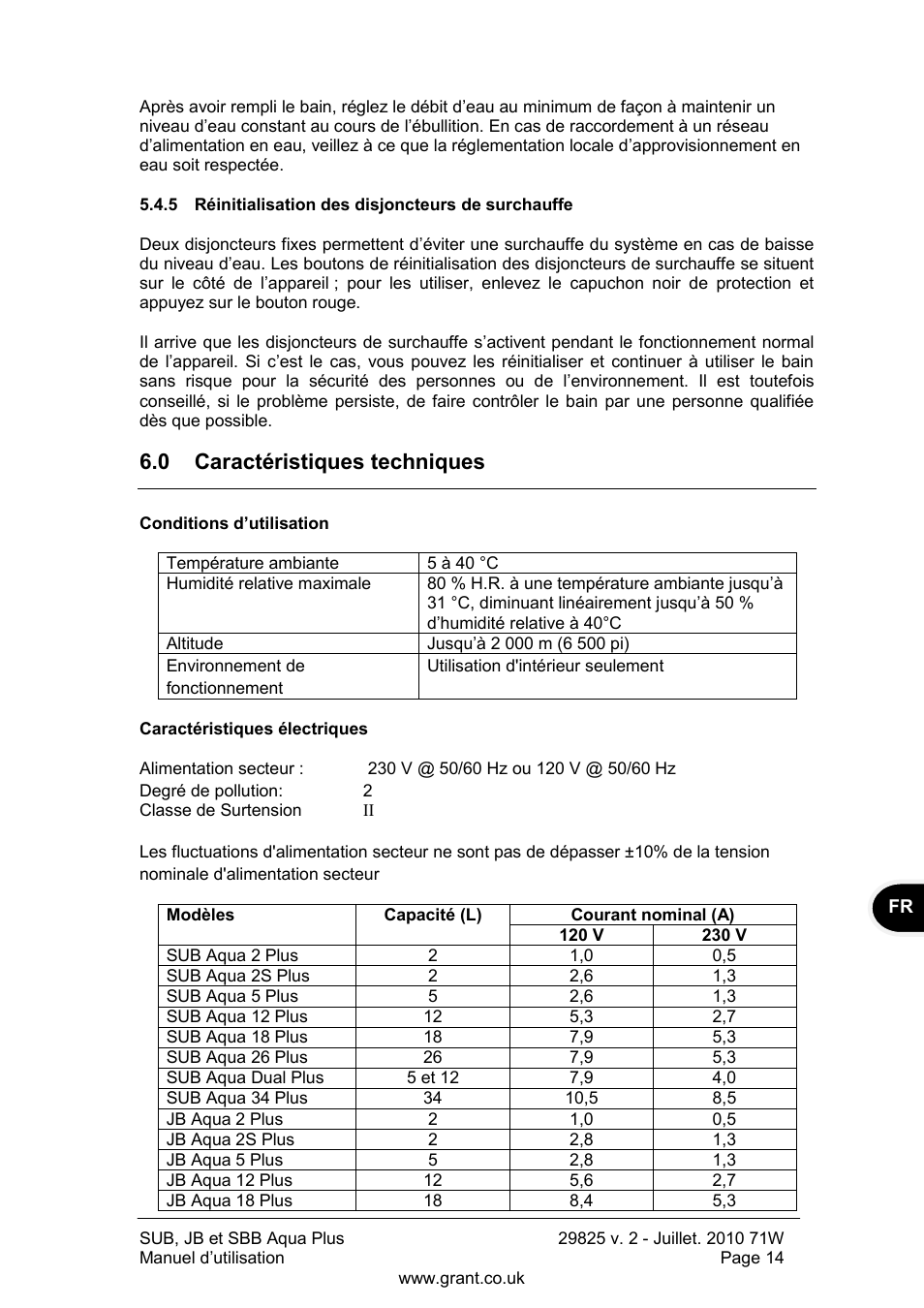 Réinitialisation des disjoncteurs de surchauffe, 0 caractéristiques techniques | Grant Instruments SBB Aqua Plus User Manual | Page 35 / 104