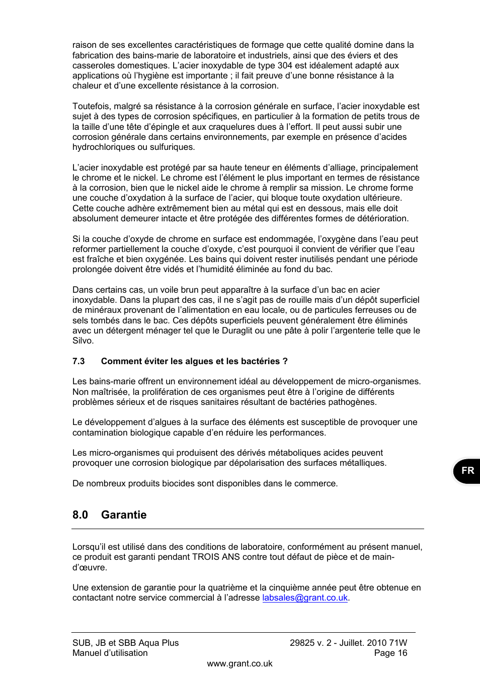 Comment éviter les algues et les bactéries, 0 garantie | Grant Instruments SBB Aqua Plus User Manual | Page 37 / 104