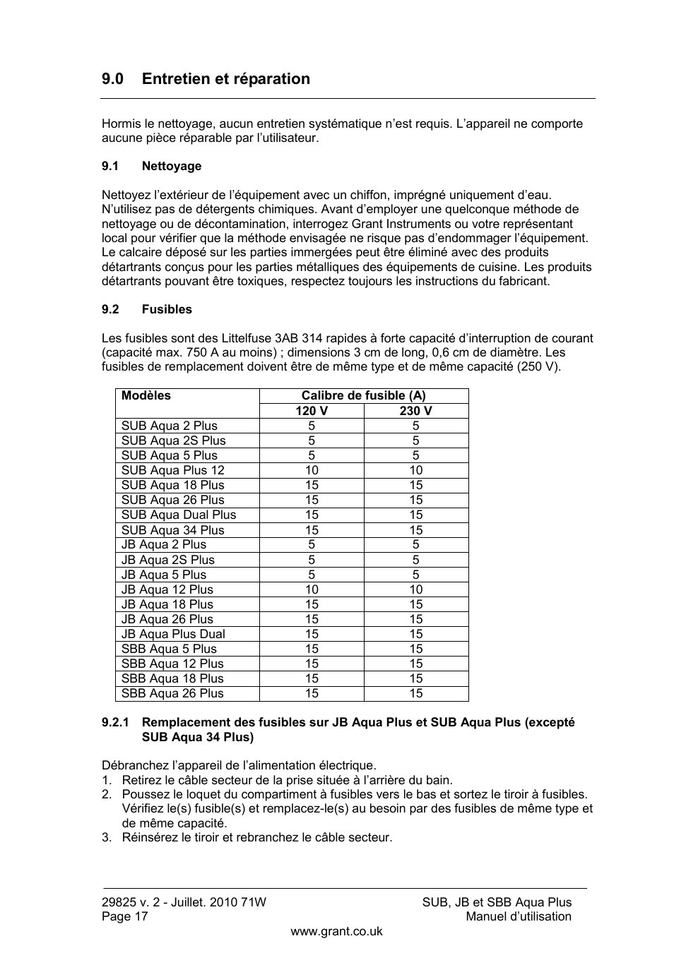 0 entretien et réparation, Nettoyage, Fusibles | Grant Instruments SBB Aqua Plus User Manual | Page 38 / 104