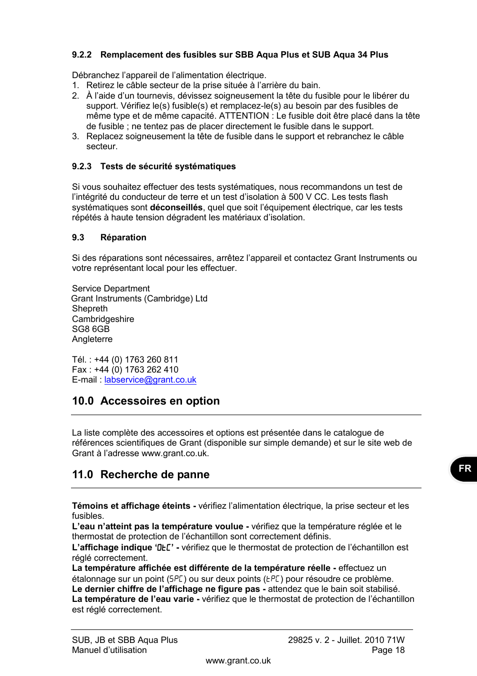 Tests de sécurité systématiques, Réparation, 0 accessoires en option | 0 recherche de panne | Grant Instruments SBB Aqua Plus User Manual | Page 39 / 104