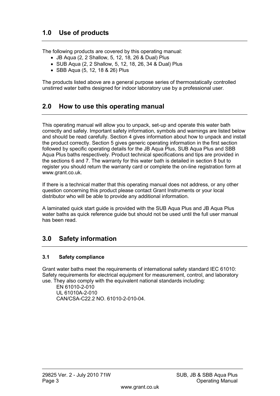 0 use of products, 0 how to use this operating manual, 0 safety information | Safety compliance | Grant Instruments SBB Aqua Plus User Manual | Page 4 / 104