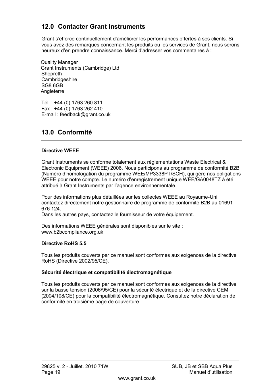 0 contacter grant instruments, 0 conformité | Grant Instruments SBB Aqua Plus User Manual | Page 40 / 104