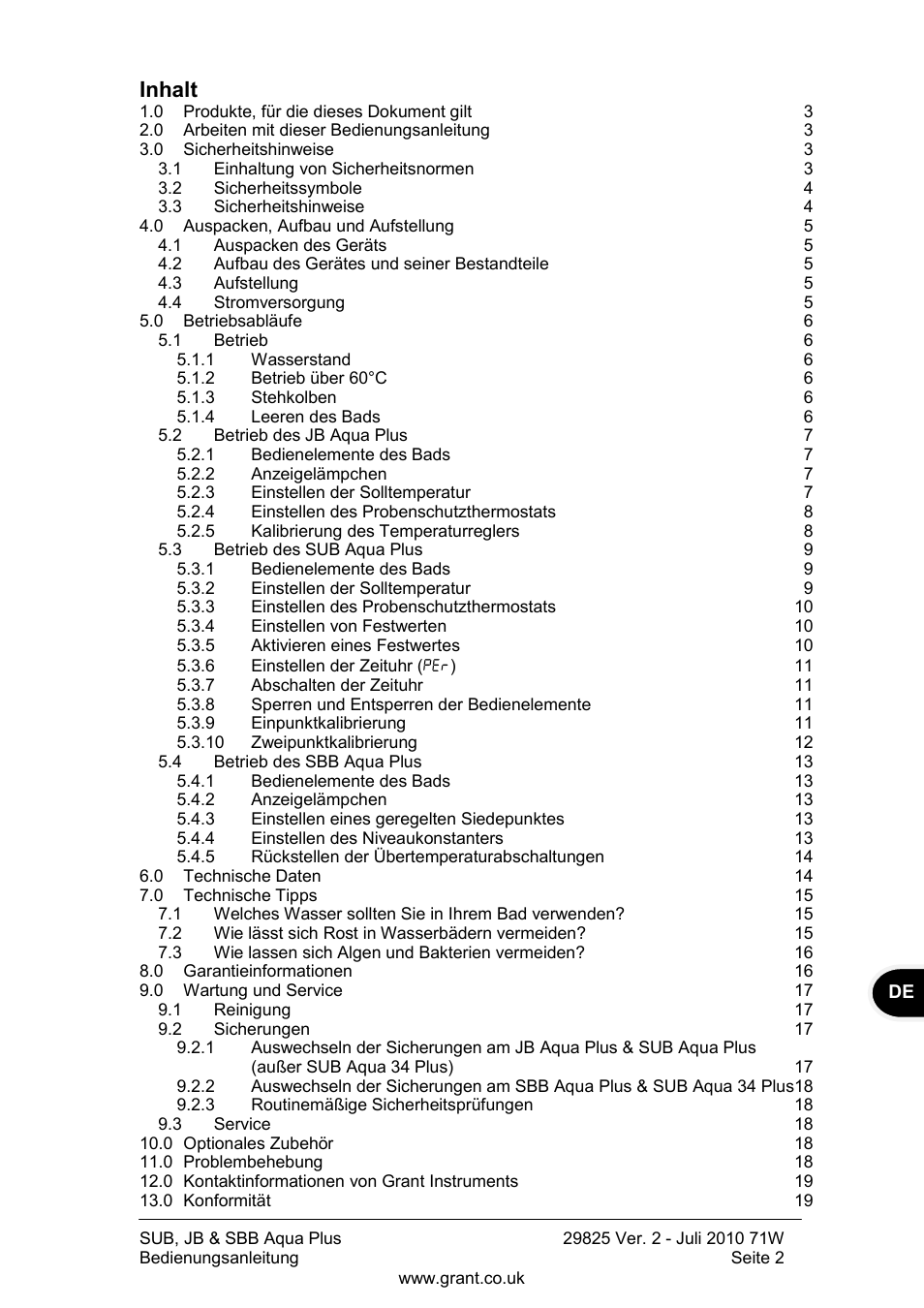 Inhalt | Grant Instruments SBB Aqua Plus User Manual | Page 43 / 104