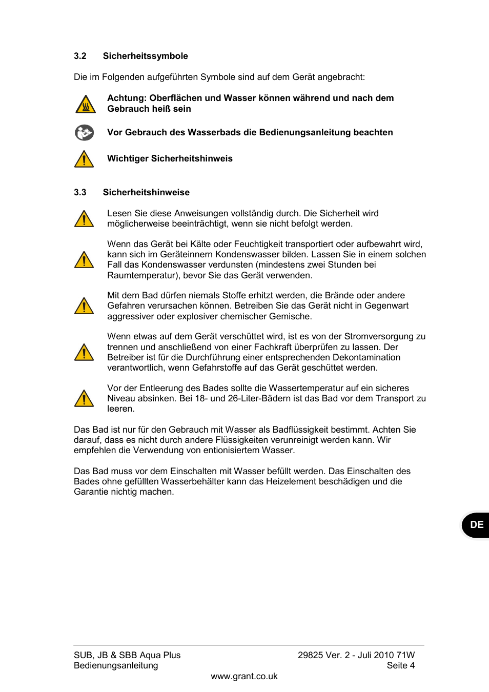 Sicherheitssymbole, Sicherheitshinweise | Grant Instruments SBB Aqua Plus User Manual | Page 45 / 104