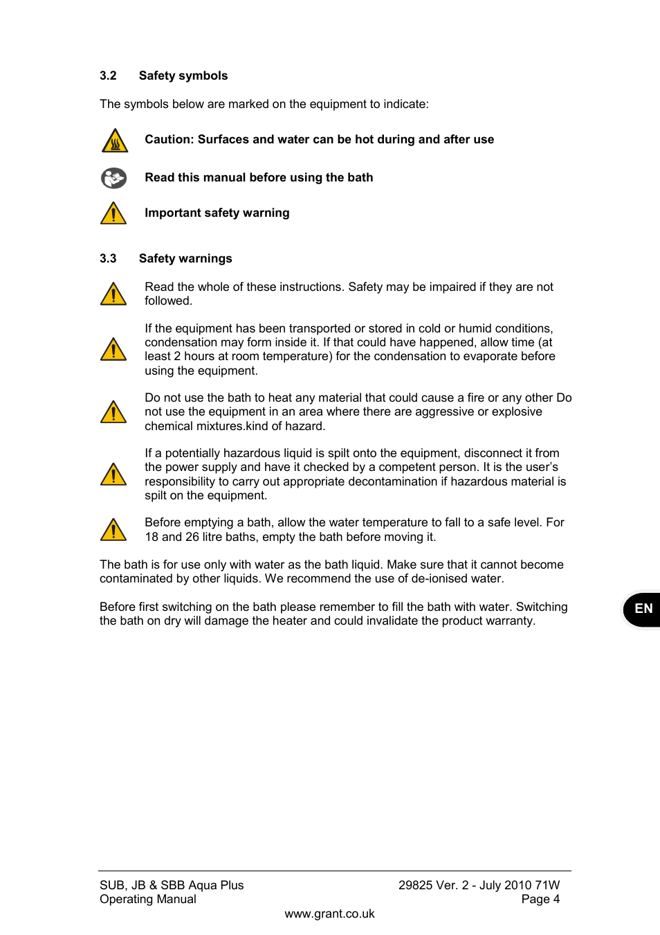 Safety symbols, Safety warnings | Grant Instruments SBB Aqua Plus User Manual | Page 5 / 104