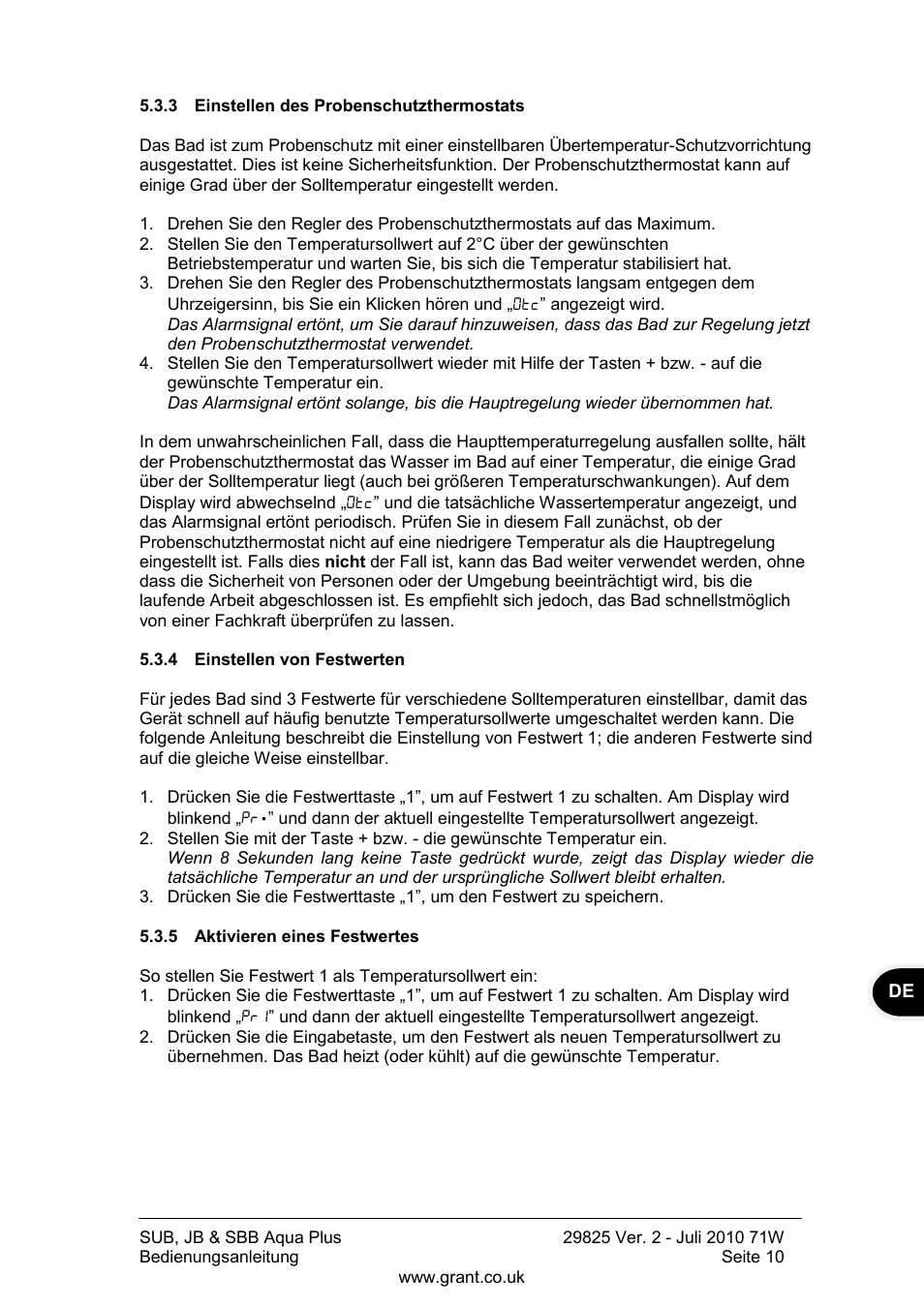 Einstellen des probenschutzthermostats, Einstellen von festwerten, Aktivieren eines festwertes | Grant Instruments SBB Aqua Plus User Manual | Page 51 / 104