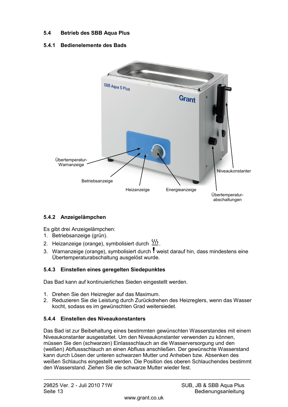 Betrieb des sbb aqua plus, Bedienelemente des bads, Anzeigelämpchen | Einstellen eines geregelten siedepunktes, Einstellen des niveaukonstanters | Grant Instruments SBB Aqua Plus User Manual | Page 54 / 104