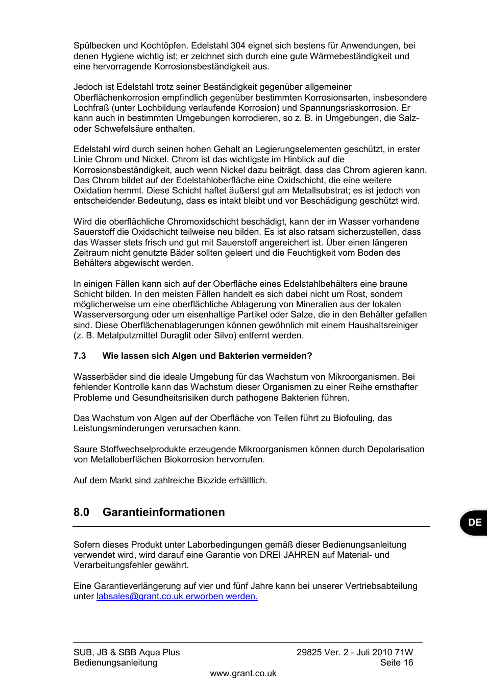 Wie lassen sich algen und bakterien vermeiden, 0 garantieinformationen | Grant Instruments SBB Aqua Plus User Manual | Page 57 / 104