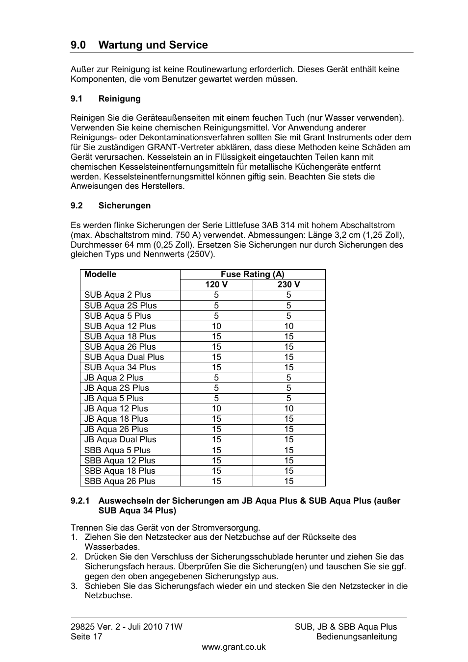 0 wartung und service, Reinigung, Sicherungen | Außer sub aqua 34 plus) | Grant Instruments SBB Aqua Plus User Manual | Page 58 / 104