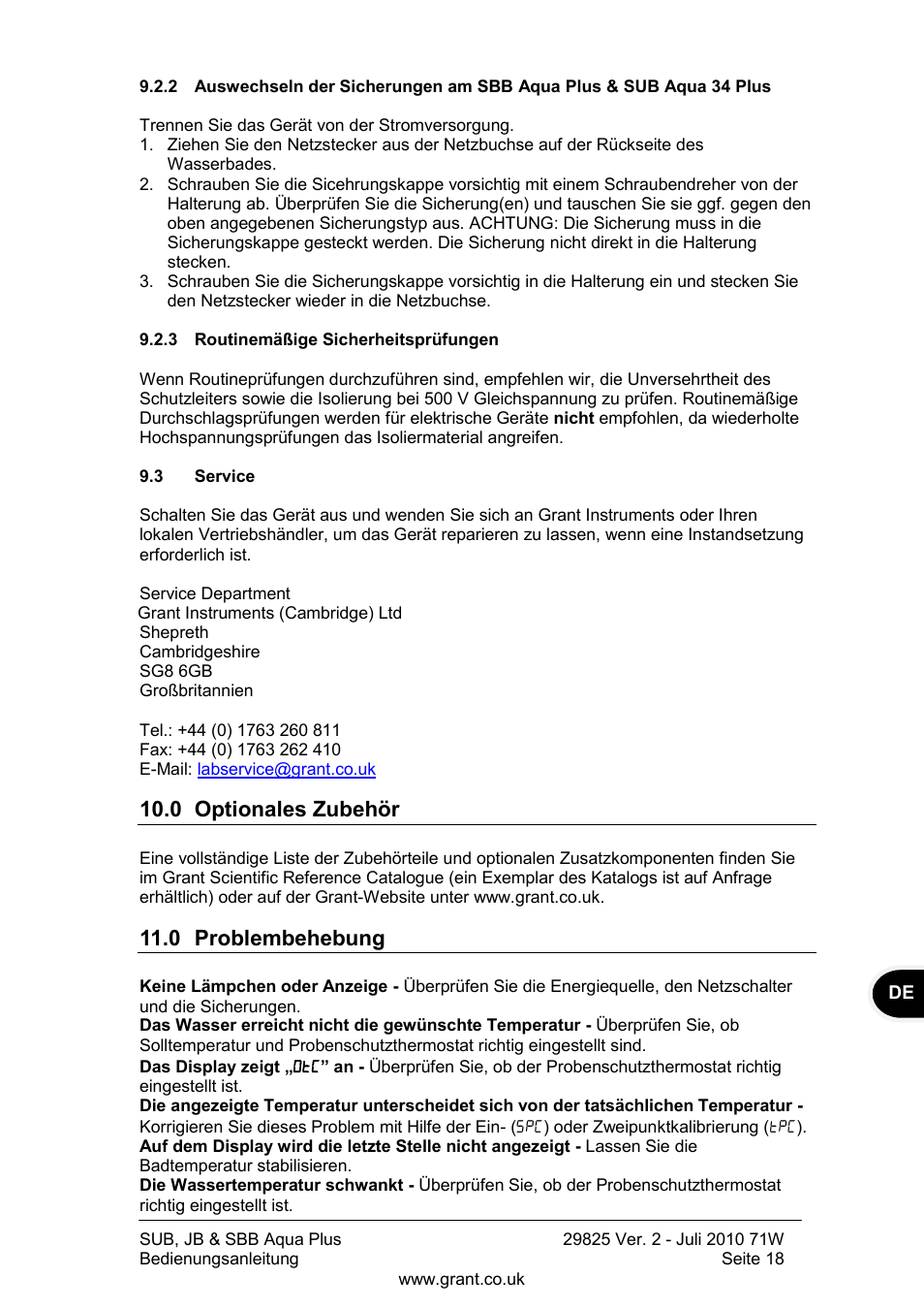 Routinemäßige sicherheitsprüfungen, Service, 0 optionales zubehör | 0 problembehebung | Grant Instruments SBB Aqua Plus User Manual | Page 59 / 104